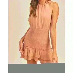 HALTER MINI DRESS WITH SMOCKED SKIRT